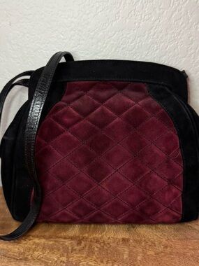 Vintage Salvatore Ferragamo Quilted Burgundy and Black Suede Shoulder Bag